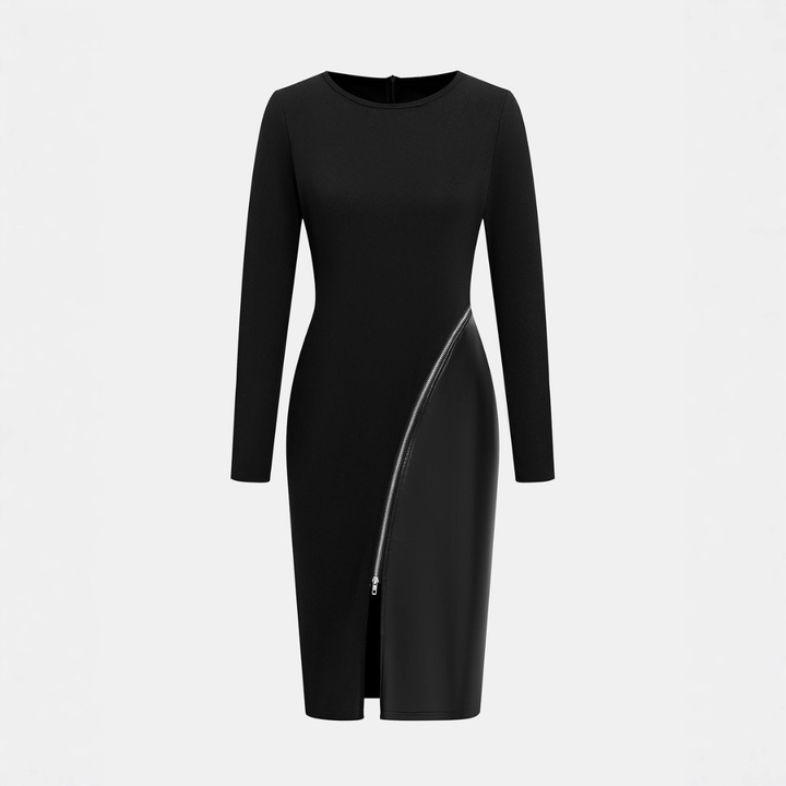 CHARENE™ - Women's Solid Colour PU Leather Patchwork Zipper Bodycon Dress