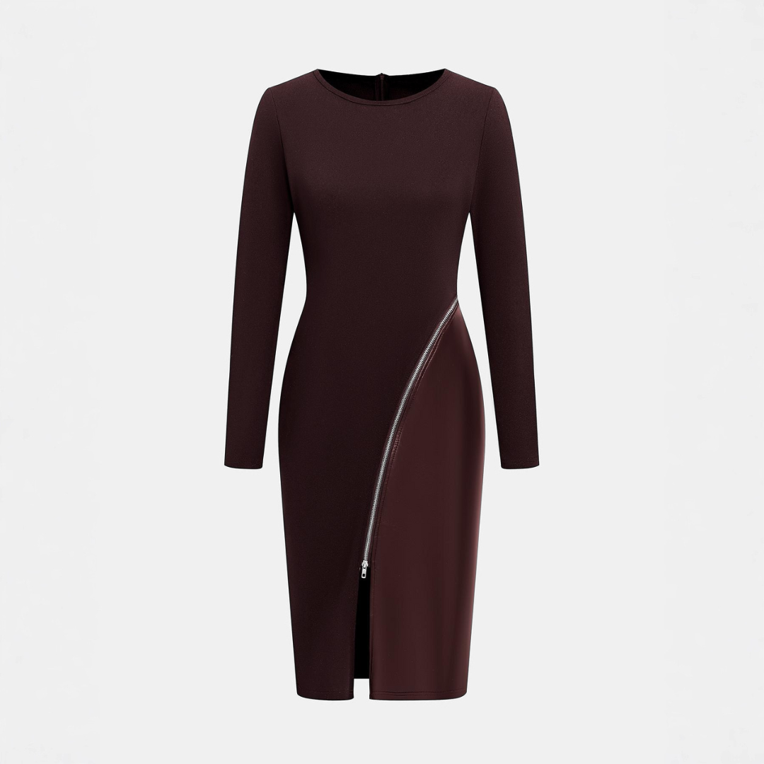 CHARENE™ - Women's Solid Colour PU Leather Patchwork Zipper Bodycon Dress