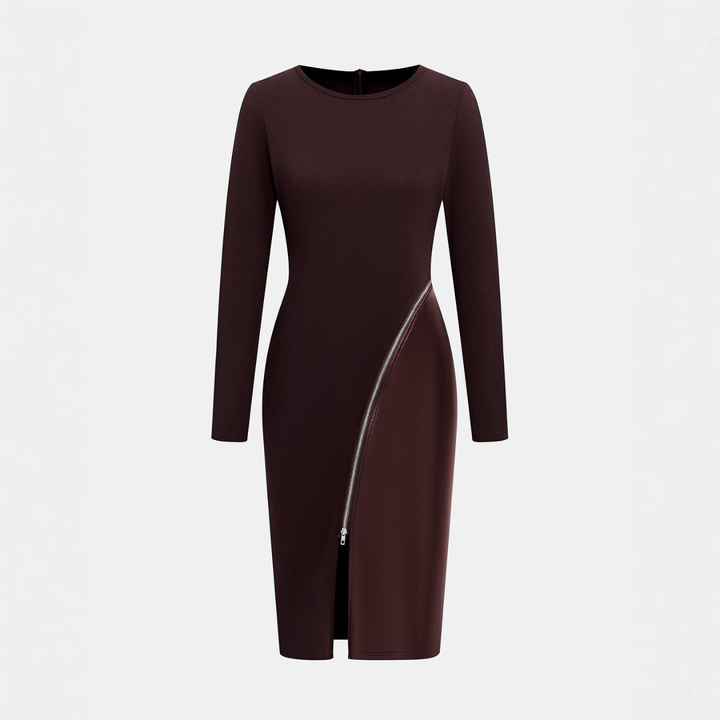 CHARENE™ - Women's Solid Colour PU Leather Patchwork Zipper Bodycon Dress