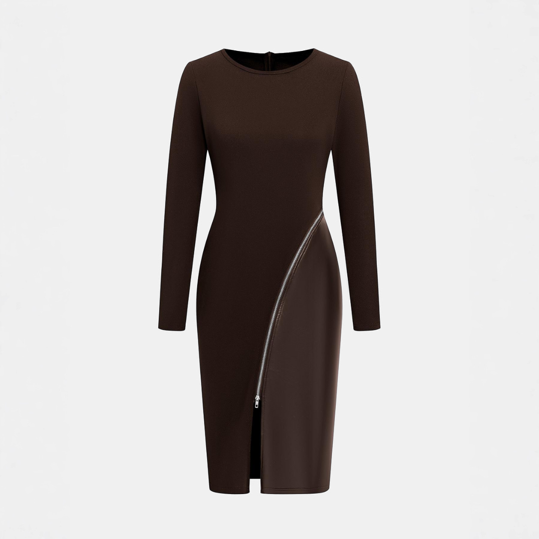 CHARENE™ - Women's Solid Colour PU Leather Patchwork Zipper Bodycon Dress