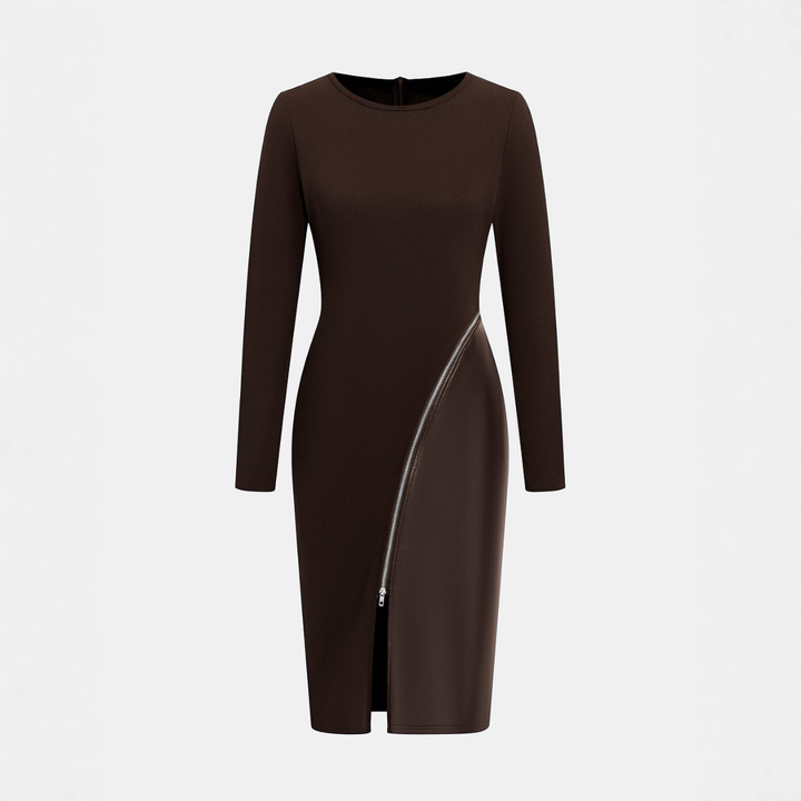 CHARENE™ - Women's Solid Colour PU Leather Patchwork Zipper Bodycon Dress