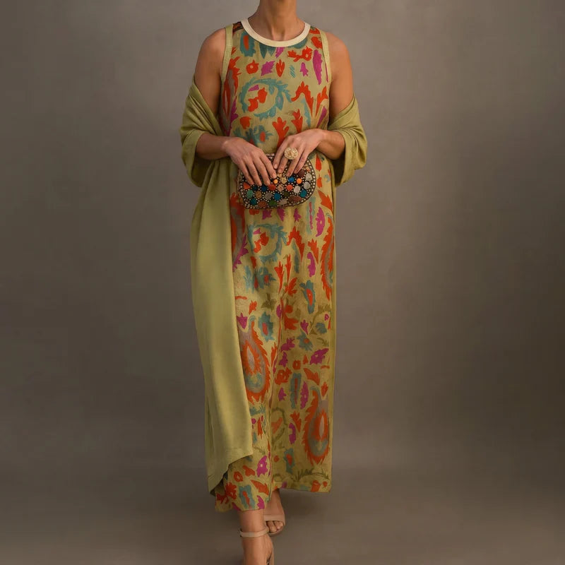 DANIELA | PRINTED LONG DRESS WITH COORDINATED GILET