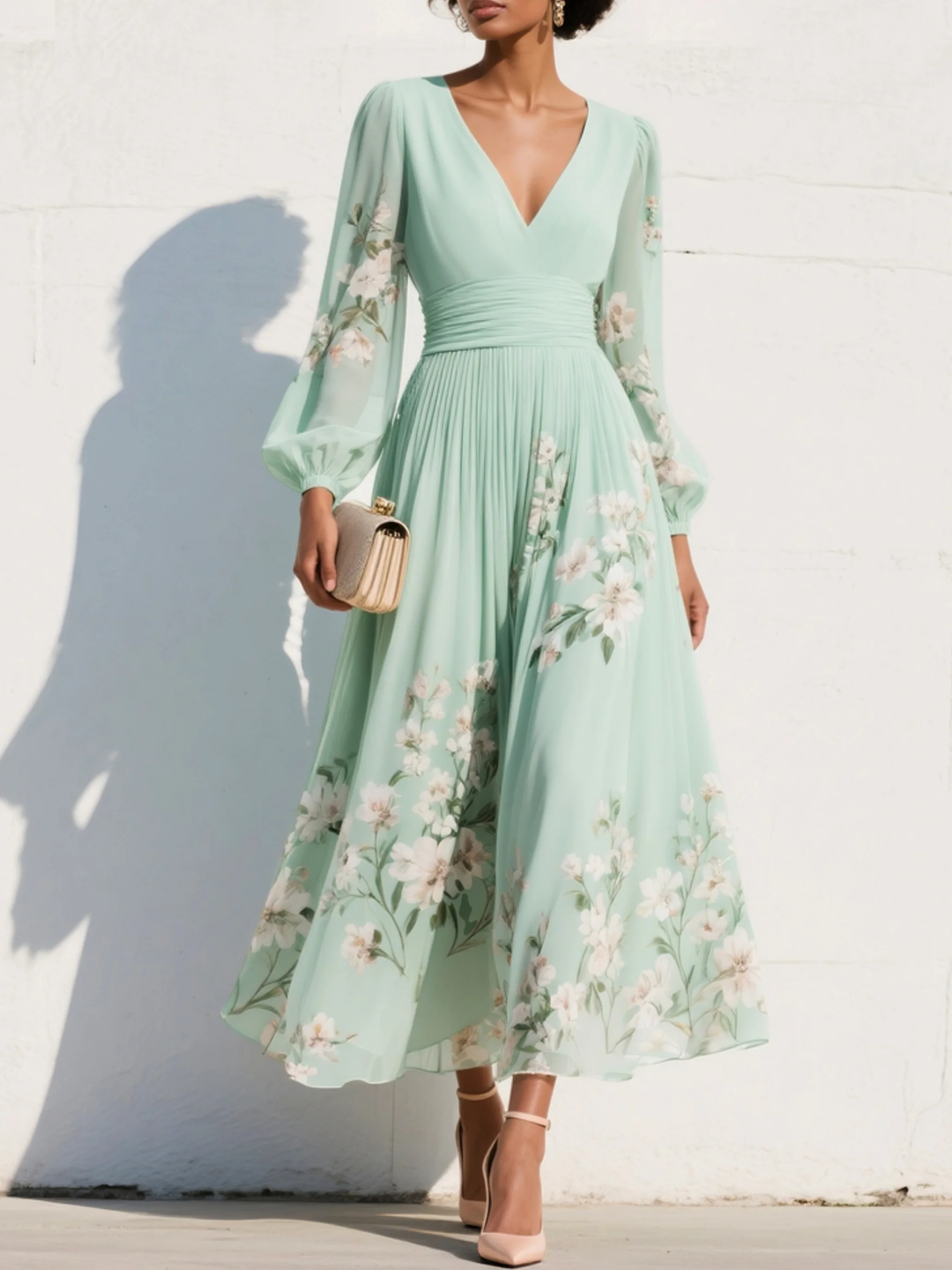 Nicola Chiffon Floral Midi Dress Light Green