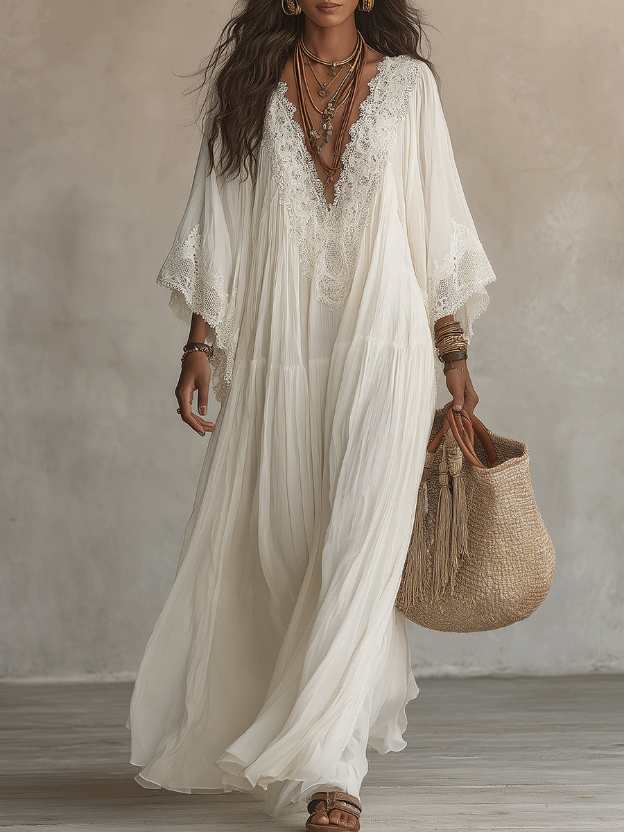 CELESTE ivory chiffon maxi dress batwing sleeves white