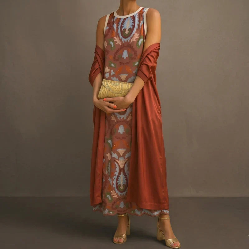 DANIELA | PRINTED LONG DRESS WITH COORDINATED GILET